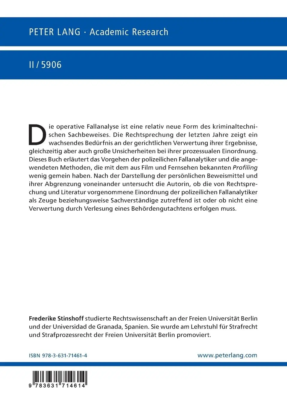Rückseite: 9783631714614 | Die operative Fallanalyse im Strafprozess | Frederike Stinshoff | Buch