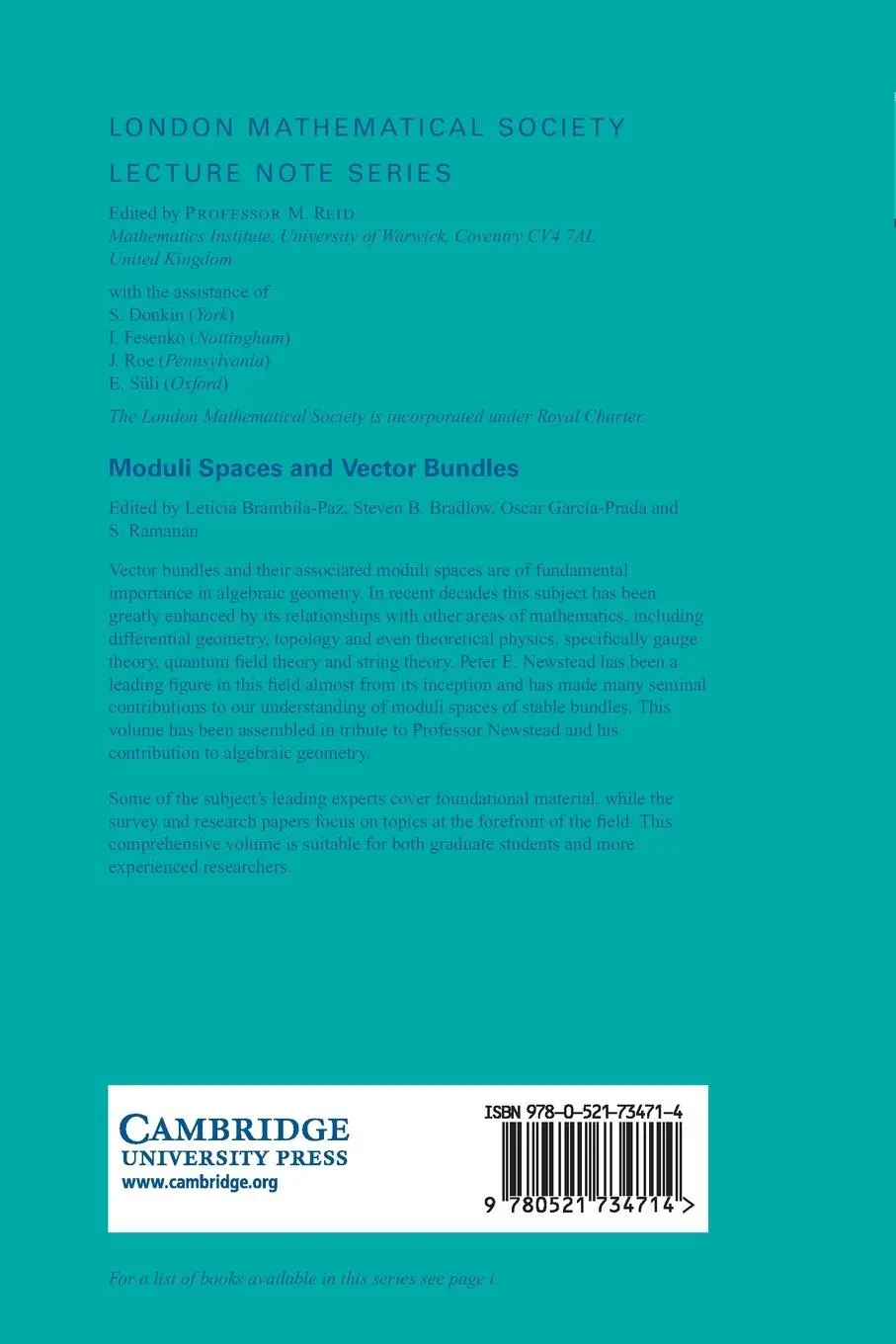 Rückseite: 9780521734714 | Moduli Spaces and Vector Bundles | Leticia Brambila-Paz (u. a.) | Buch