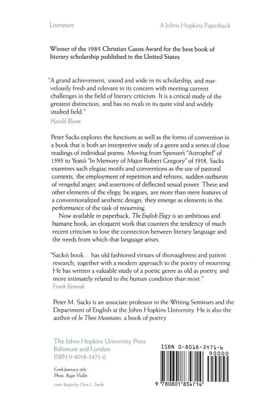 Rückseite: 9780801834714 | English Elegy | Studies in the Genre from Spenser to Yeats | Sacks