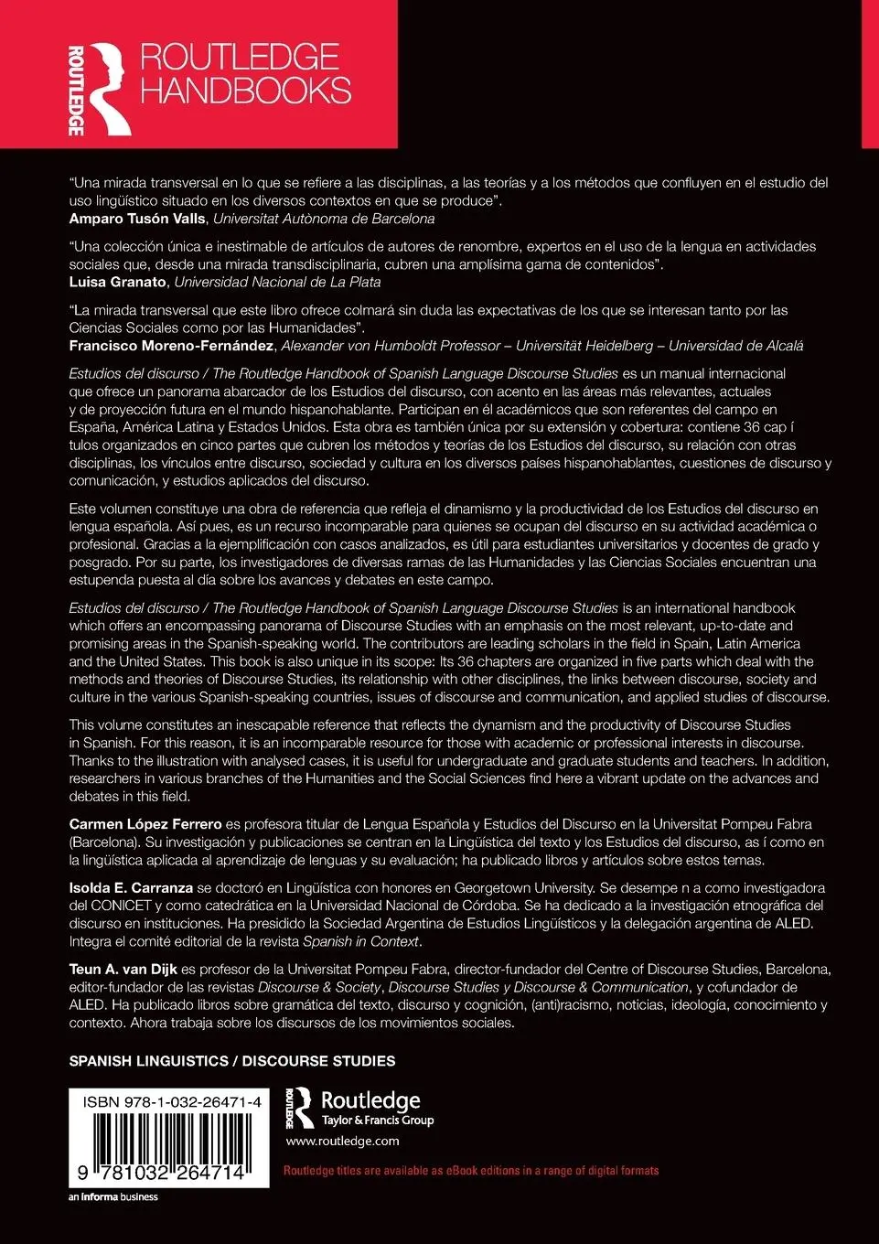Rückseite: 9781032264714 | Estudios del discurso / The Routledge Handbook of Spanish Language...