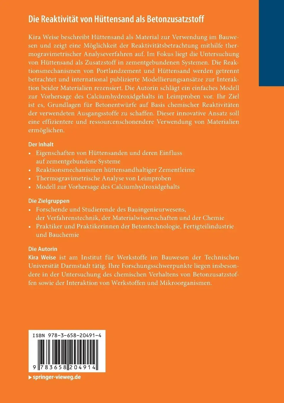Rückseite: 9783658204914 | Die Reaktivität von Hüttensand als Betonzusatzstoff | Kira Weise | xix