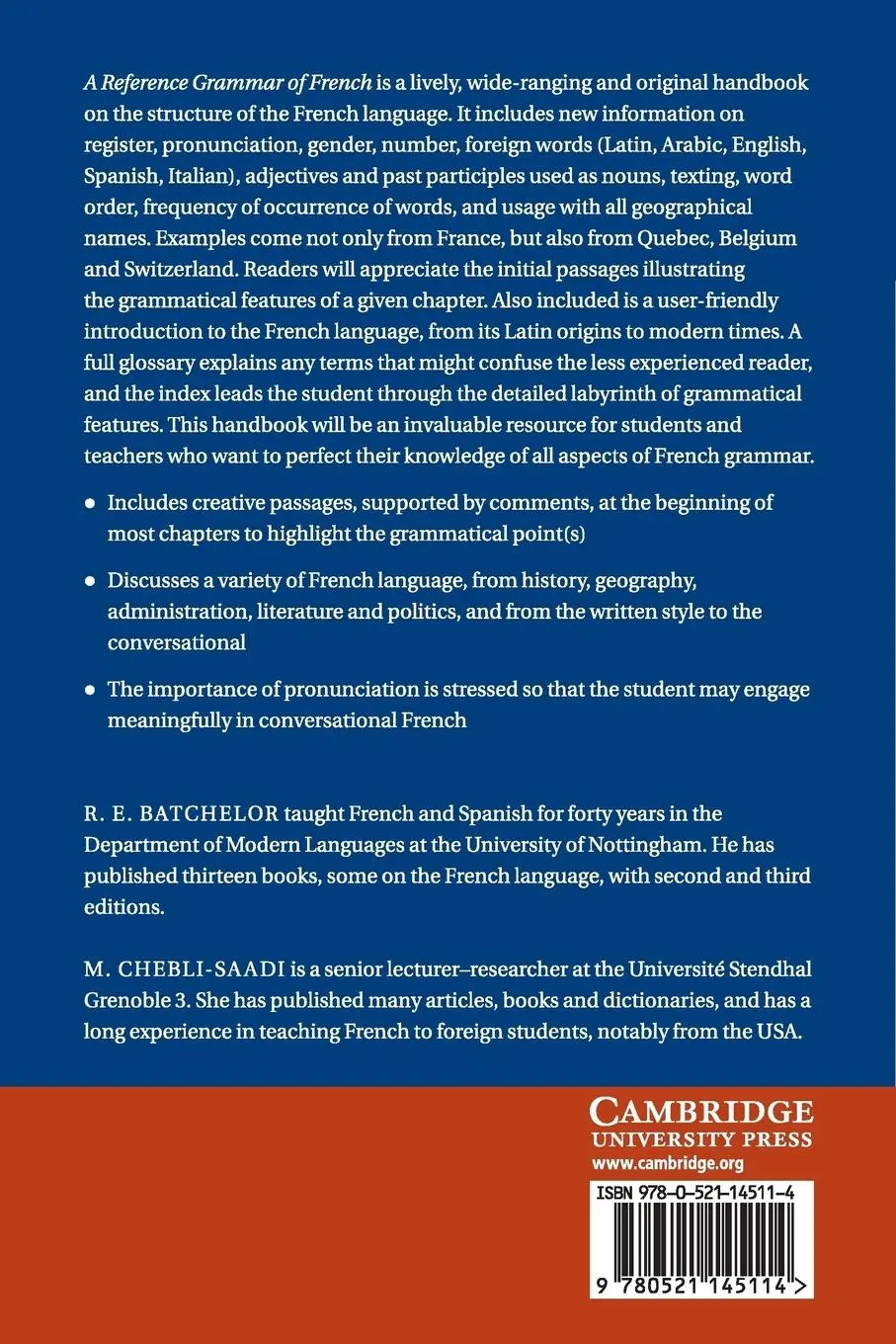 Rückseite: 9780521145114 | A Reference Grammar of French | R. E. Batchelor (u. a.) | Taschenbuch