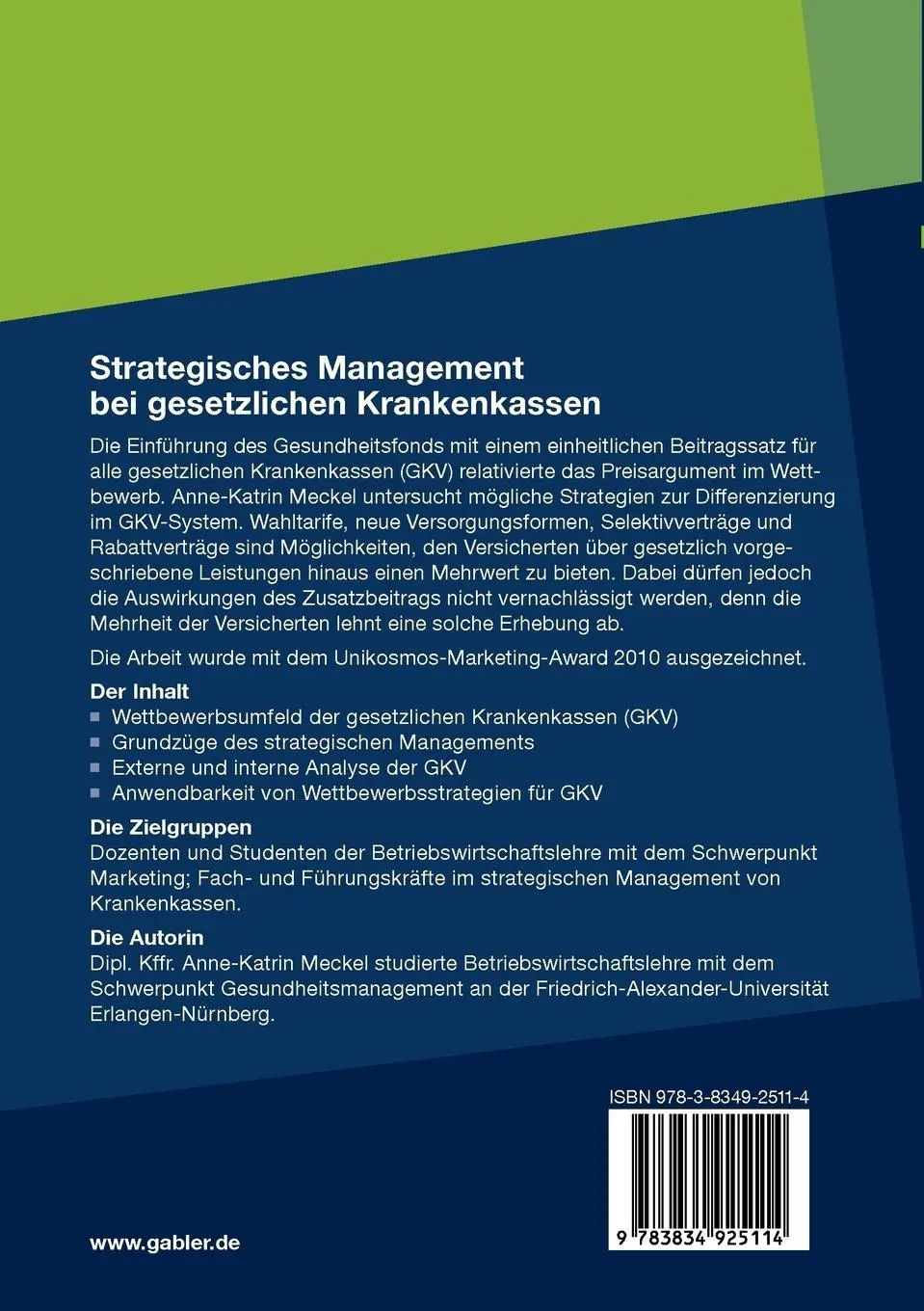 Rückseite: 9783834925114 | Strategisches Management bei gesetzlichen Krankenkassen | Meckel | xvi