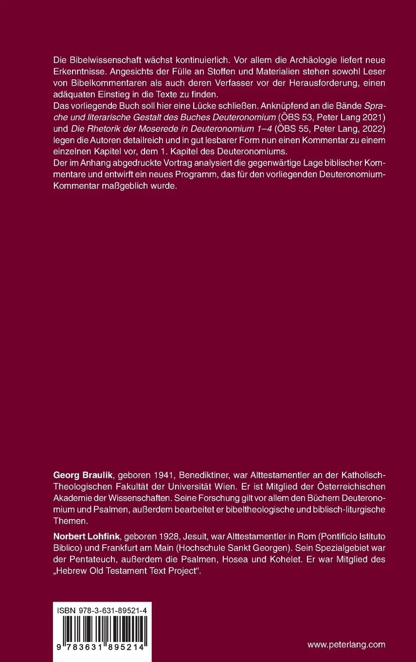 Rückseite: 9783631895214 | Kommentar zu Deuteronomium 1 | Norbert Lohfink (u. a.) | Buch | 606 S.