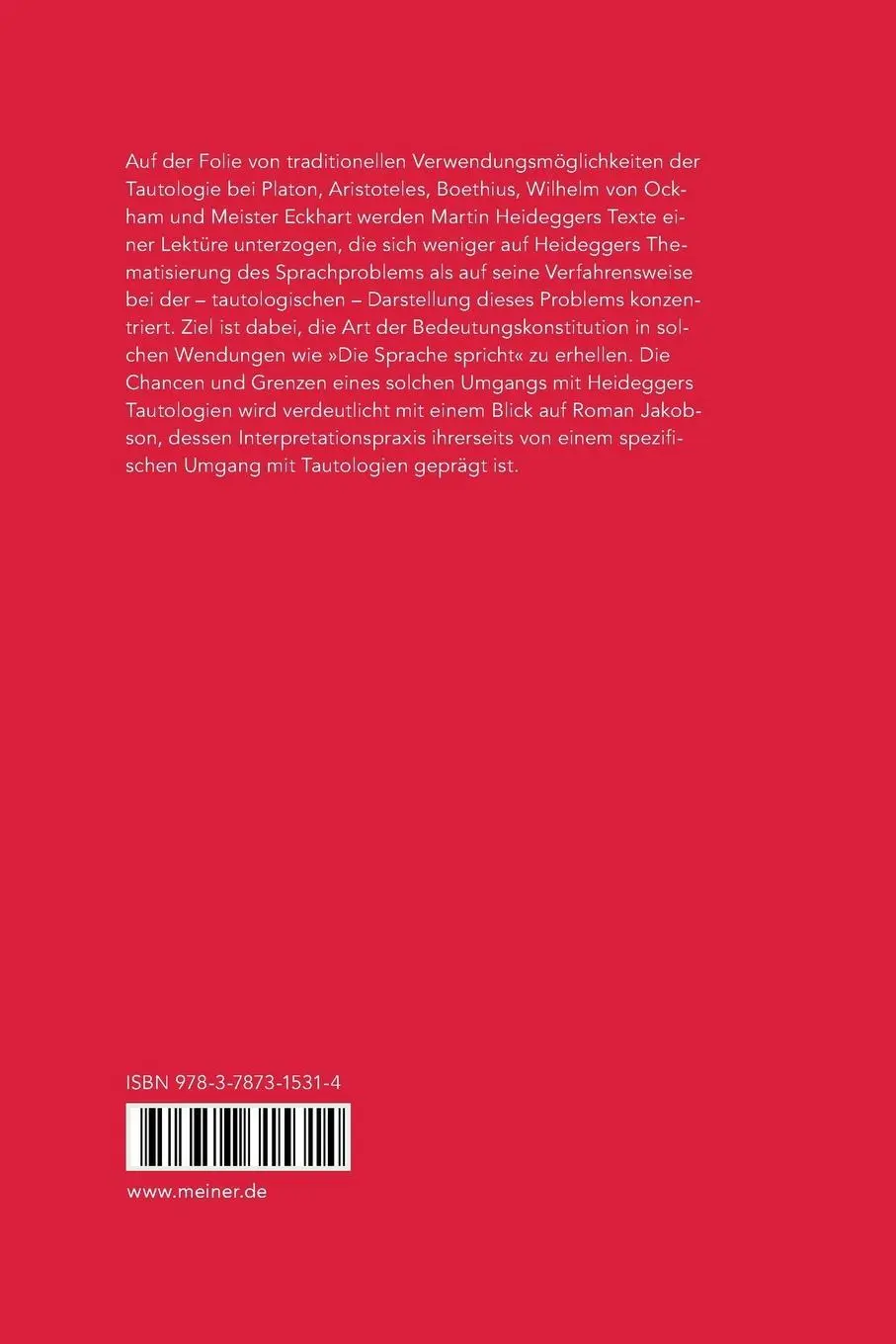 Rückseite: 9783787315314 | Vom Umgang mit Tautologien | Martin Heidegger und Roman Jakobson