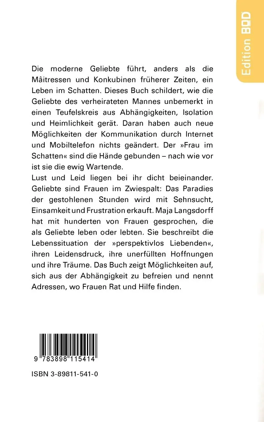 Rückseite: 9783898115414 | Die Geliebte | Was es heißt, die Andere zu sein | Maja Langsdorff