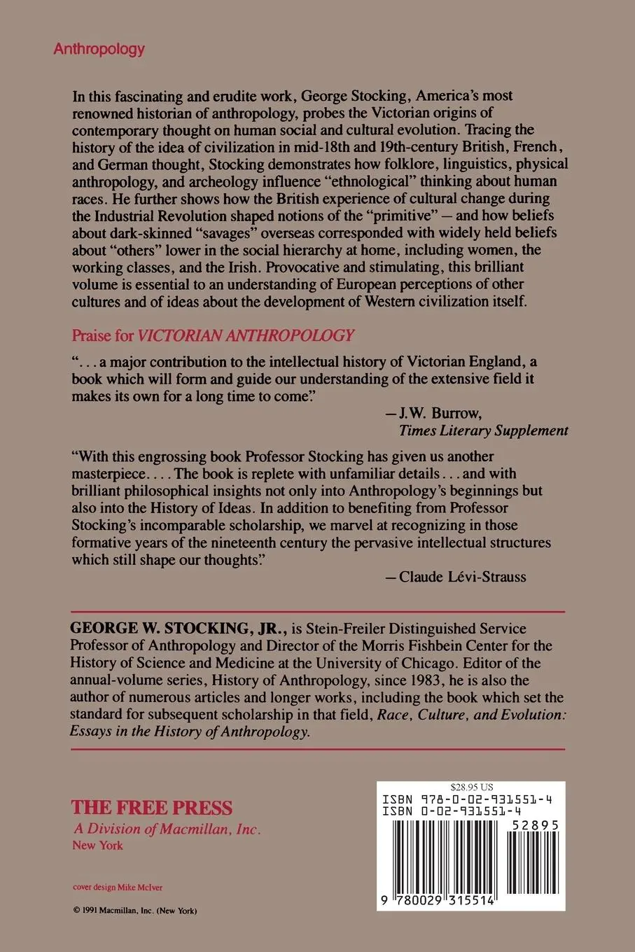 Rückseite: 9780029315514 | Victorian Anthropology | George W. Jr. Stocking | Taschenbuch | 1991