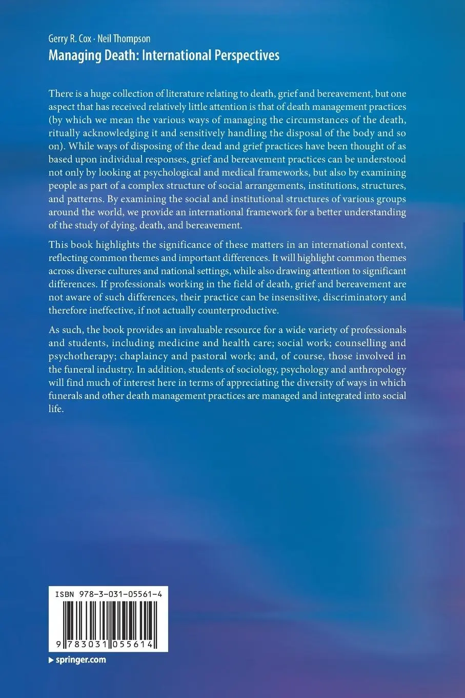 Rückseite: 9783031055614 | Managing Death: International Perspectives | Gerry R. Cox (u. a.)