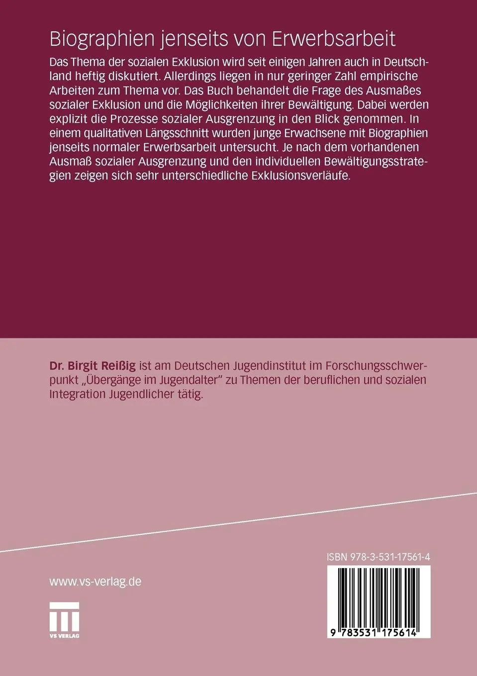 Rückseite: 9783531175614 | Biographien jenseits von Erwerbsarbeit | Birgit Reißig | Taschenbuch