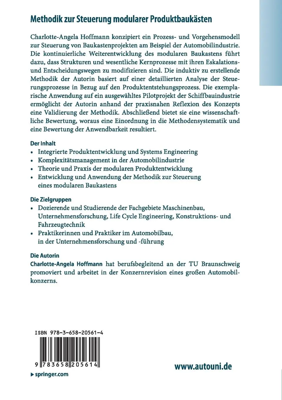 Rückseite: 9783658205614 | Methodik zur Steuerung modularer Produktbaukästen | Hoffmann | Buch
