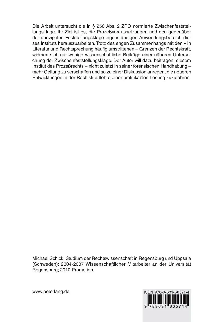Rückseite: 9783631605714 | Die Zwischenfeststellungsklage des § 256 Abs. 2 ZPO | Michael Schick