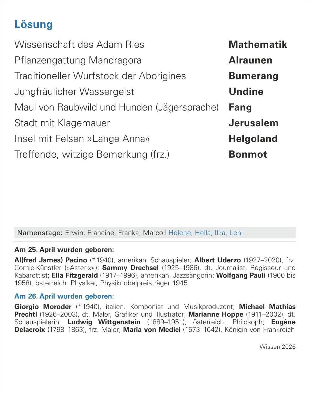 Bild: 9783840035814 | Wissen Tagesabreißkalender 2026 - Quizfragen aus Geschichte,...