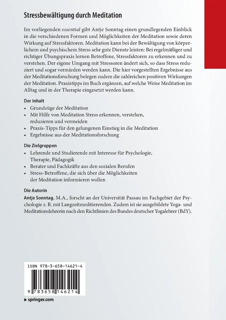 Rückseite: 9783658146214 | Stressbewältigung durch Meditation | Antje Sonntag | Taschenbuch | vii