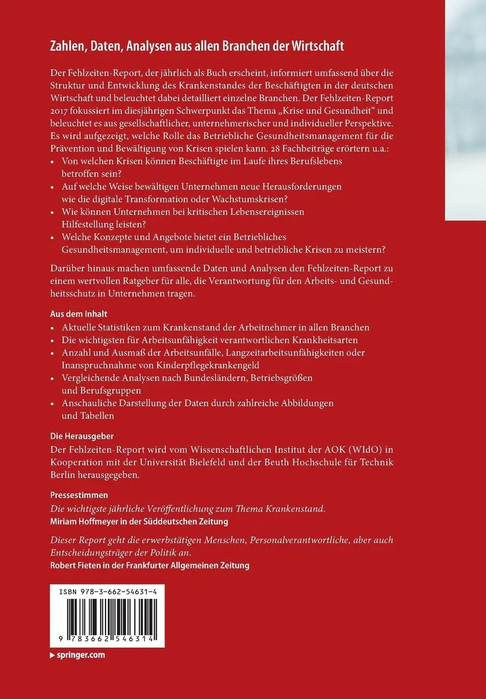 Rückseite: 9783662546314 | Fehlzeiten-Report 2017 | Bernhard Badura (u. a.) | Taschenbuch | xiii
