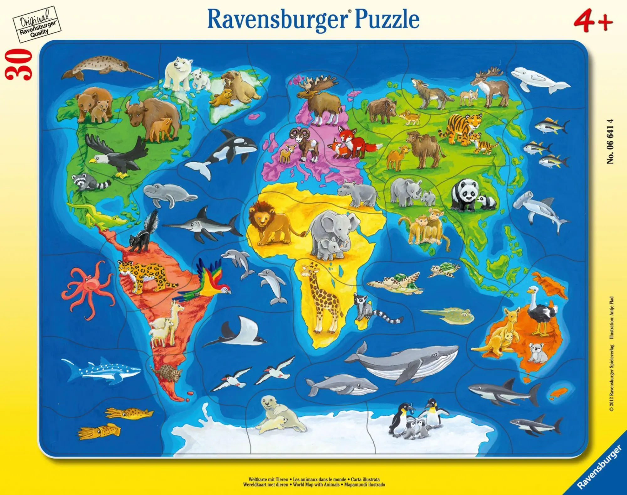 Cover: 4005556066414 | Weltkarte mit Tieren. Rahmenpuzzle 30 Teile | Antje Flad | Spiel