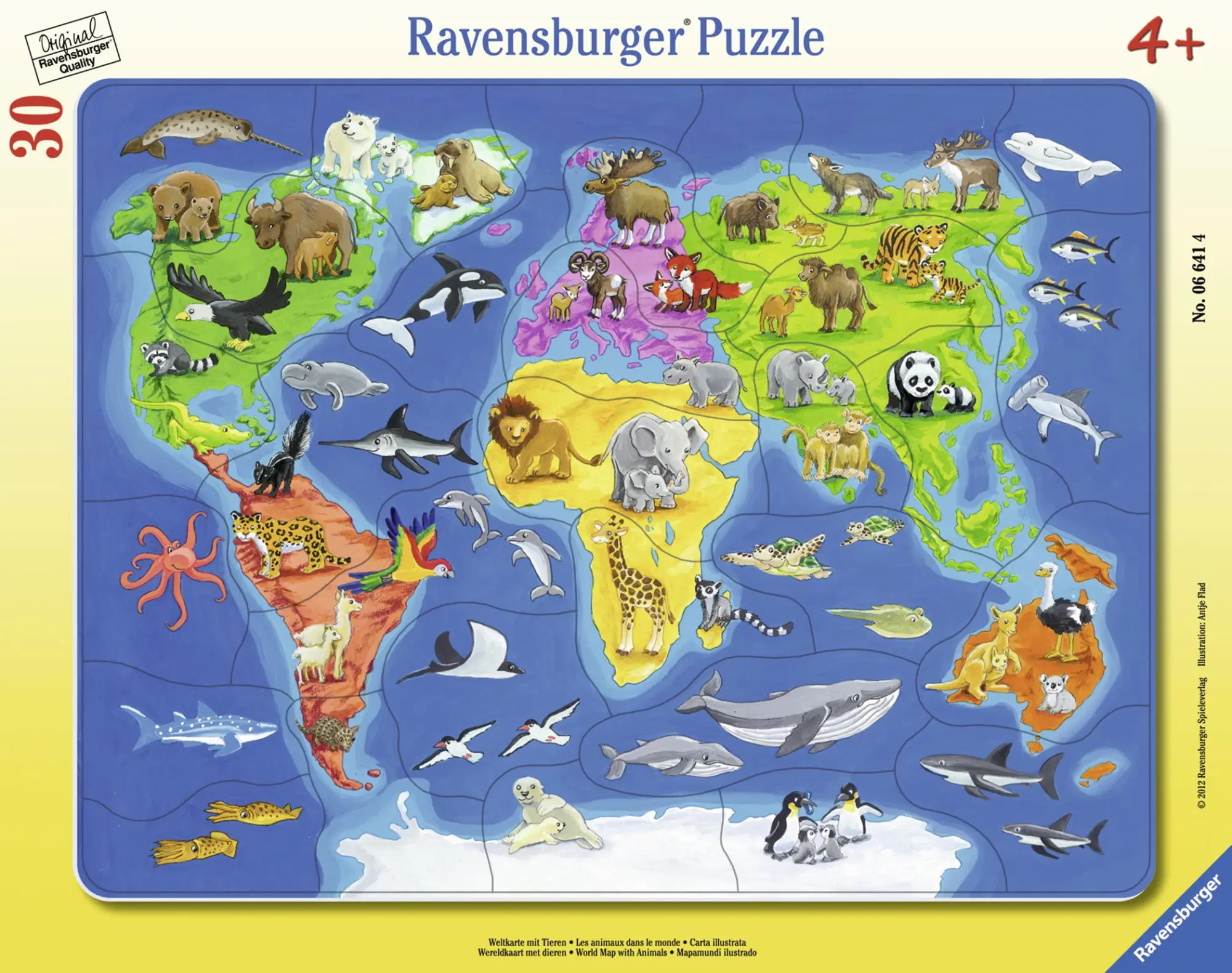 Bild: 4005556066414 | Weltkarte mit Tieren. Rahmenpuzzle 30 Teile | Antje Flad | Spiel