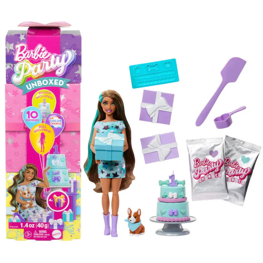 Bild: 194735296514 | Barbie Party Unboxed Haustier Geburtstag Serie - blaues Kleid | Karton