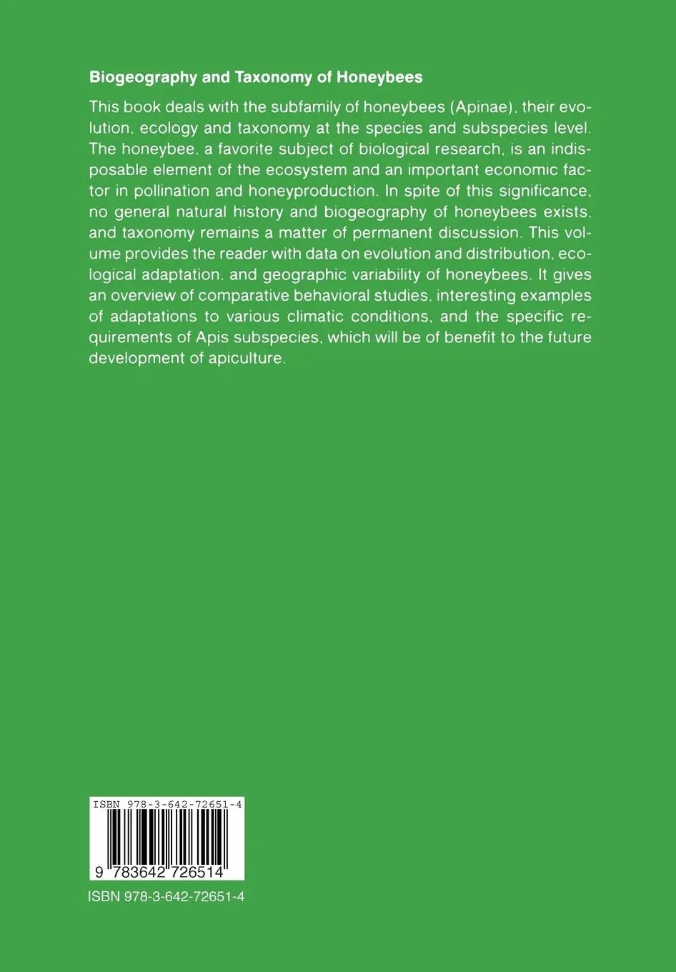 Rückseite: 9783642726514 | Biogeography and Taxonomy of Honeybees | Friedrich Ruttner | Buch