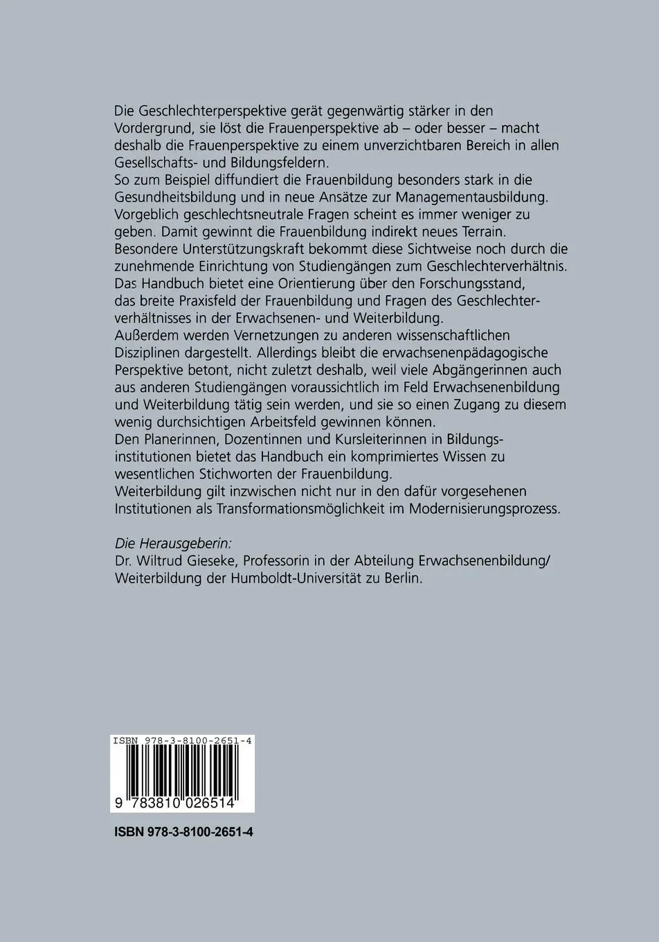 Rückseite: 9783810026514 | Handbuch zur Frauenbildung | Wiltrud Gieseke | Taschenbuch | 796 S.