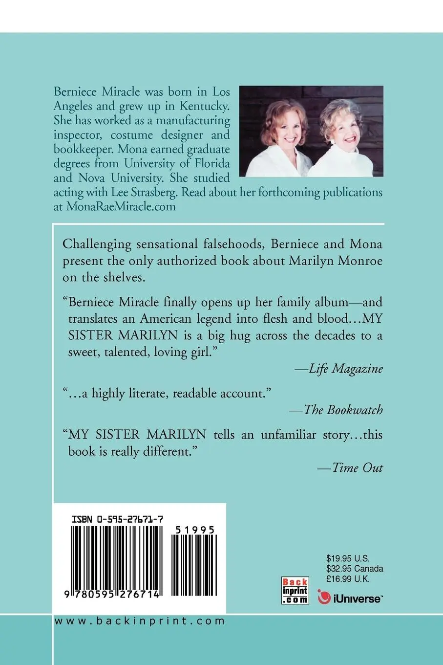 Rückseite: 9780595276714 | My Sister Marilyn | A Memoir of Marilyn Monroe | Miracle (u. a.)