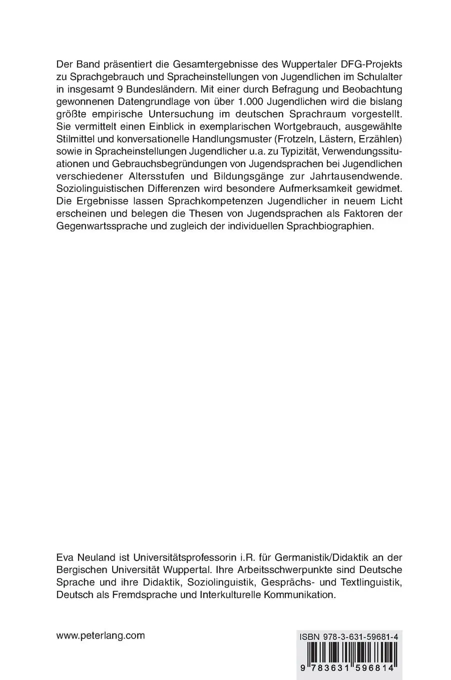 Rückseite: 9783631596814 | Deutsche Schülersprache | Eva Neuland | Buch | Deutsch | 2016