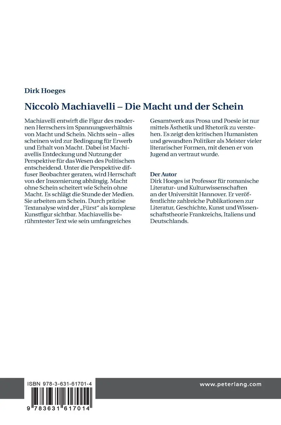 Rückseite: 9783631617014 | Niccolò Machiavelli - Die Macht und der Schein | Dirk Hoeges | Buch