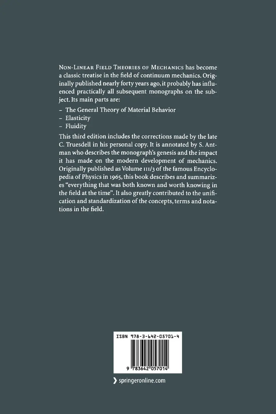 Rückseite: 9783642057014 | The Non-Linear Field Theories of Mechanics | C. Truesdell (u. a.)