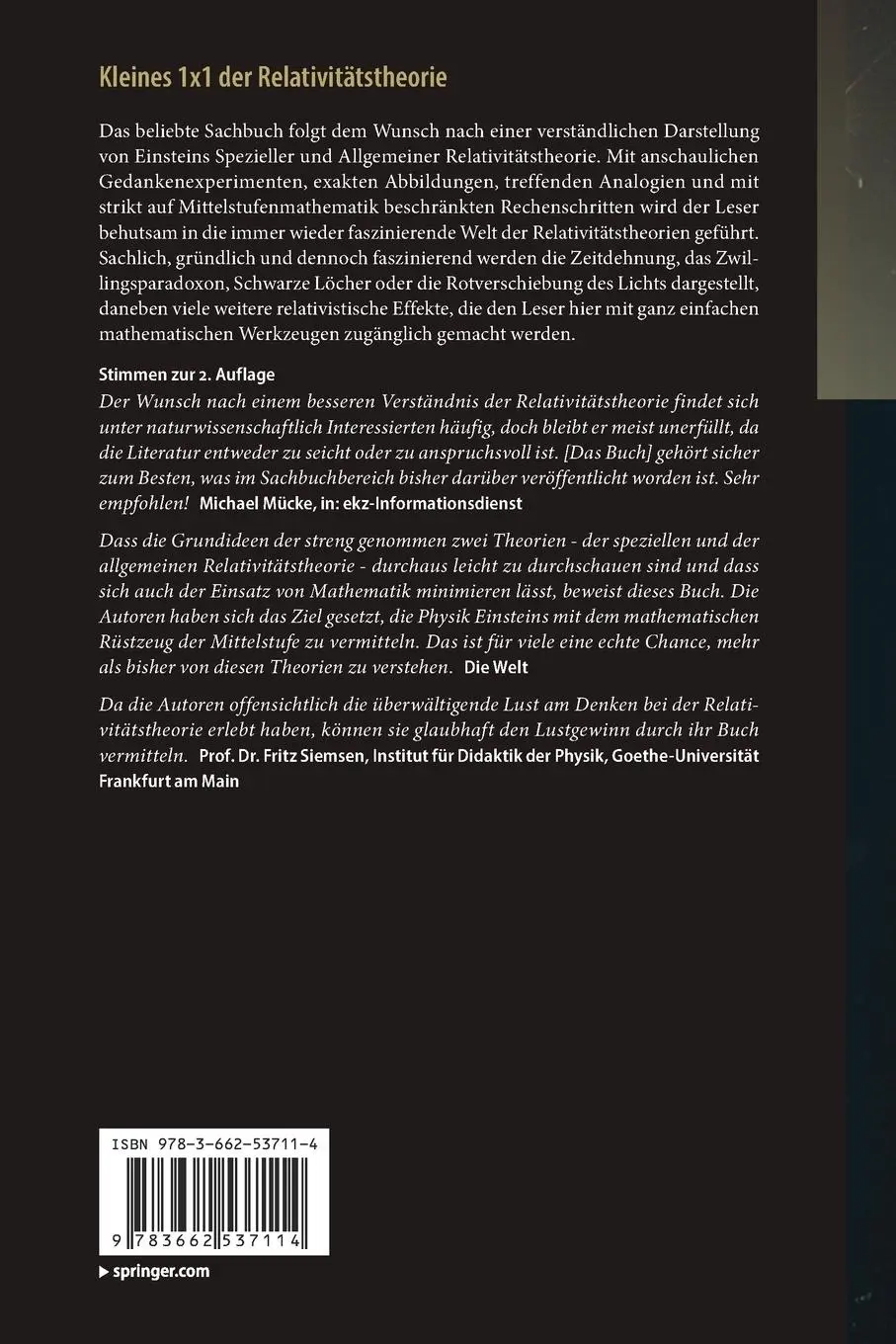 Rückseite: 9783662537114 | Kleines 1x1 der Relativitätstheorie | Elvira Rosenbaum (u. a.) | Buch