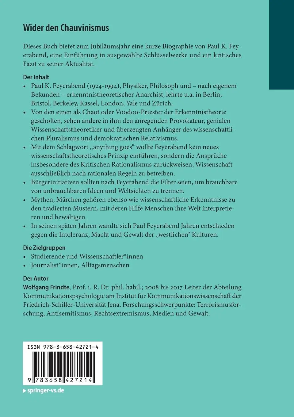 Rückseite: 9783658427214 | Wider den Chauvinismus | 100 Jahre Paul K. Feyerabend | Frindte | Buch