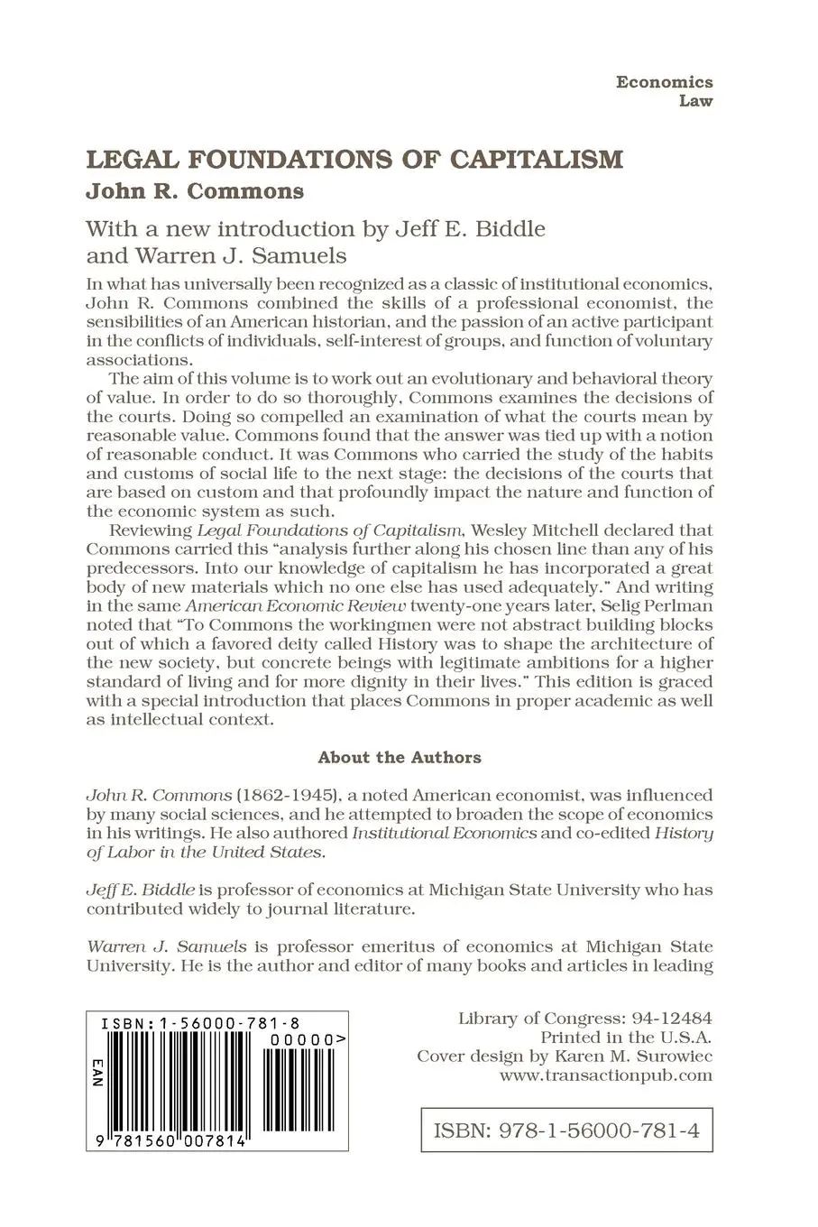 Rückseite: 9781560007814 | Legal Foundations of Capitalism | John R. Commons | Taschenbuch | 1995