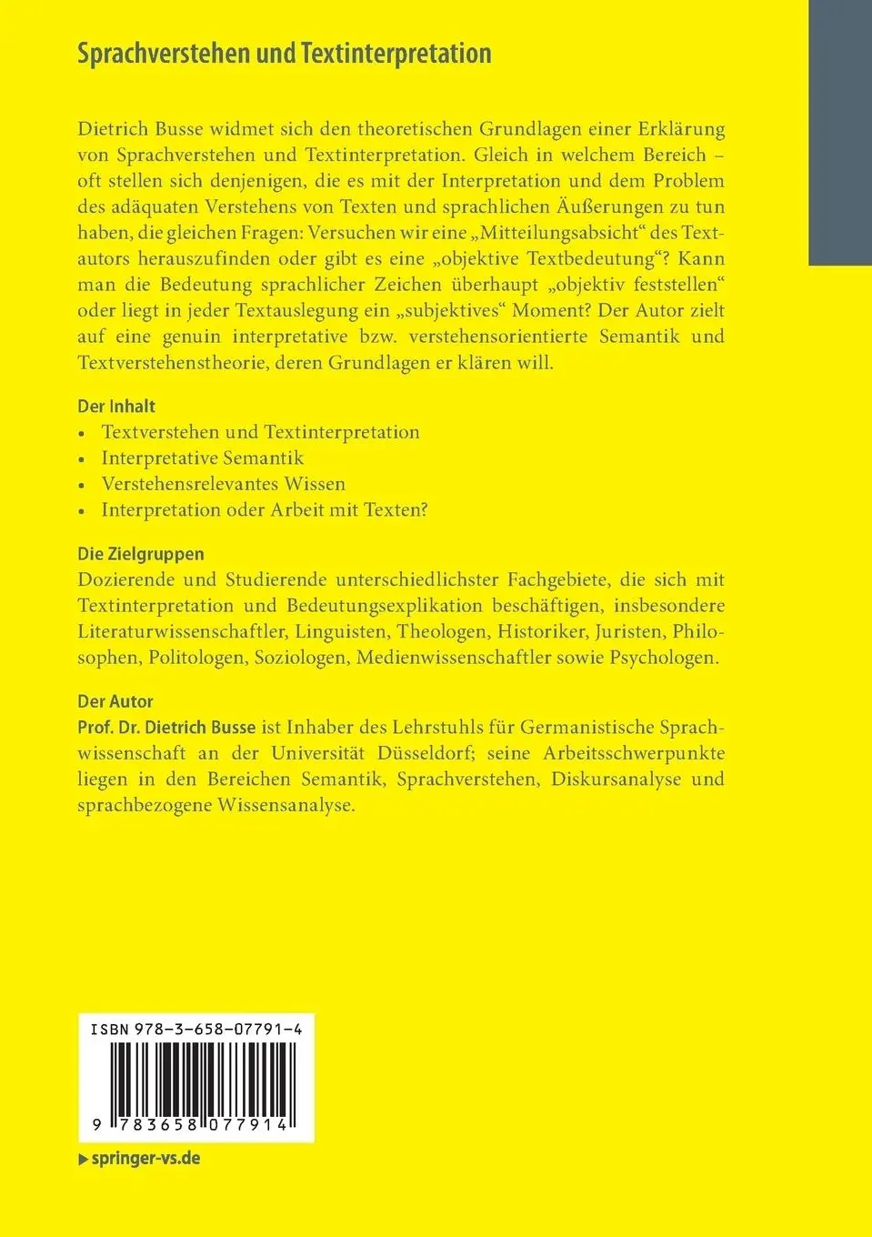 Rückseite: 9783658077914 | Sprachverstehen und Textinterpretation | Dietrich Busse | Taschenbuch