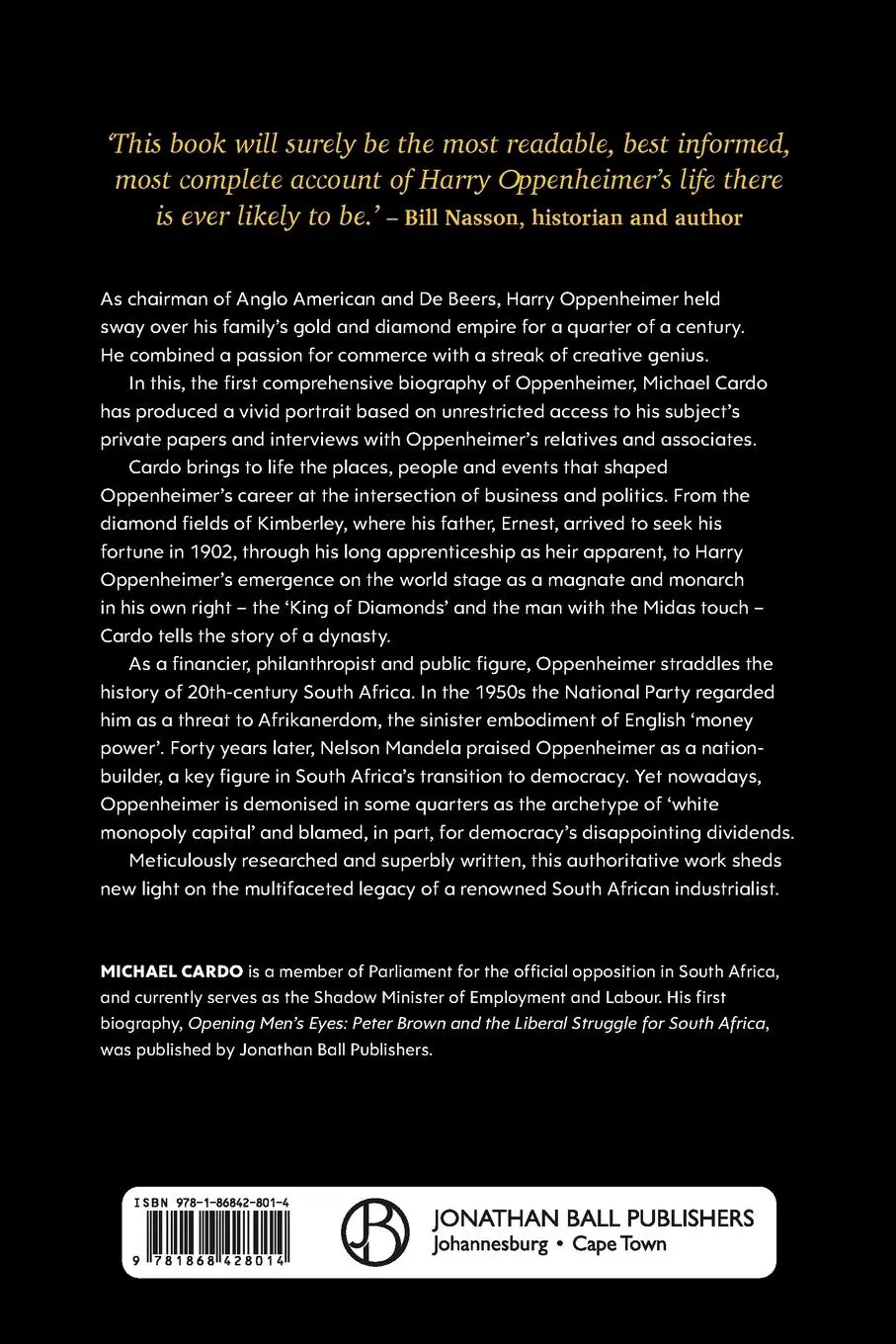 Rückseite: 9781868428014 | HARRY OPPENHEIMER | Diamonds, Gold and Dynasty | Michael Cardo | Buch