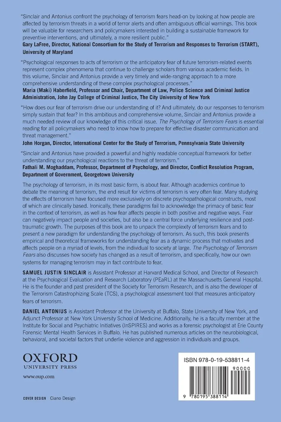 Rückseite: 9780195388114 | Psychology of Terrorism Fears | Samuel Justin Sinclair (u. a.) | Buch