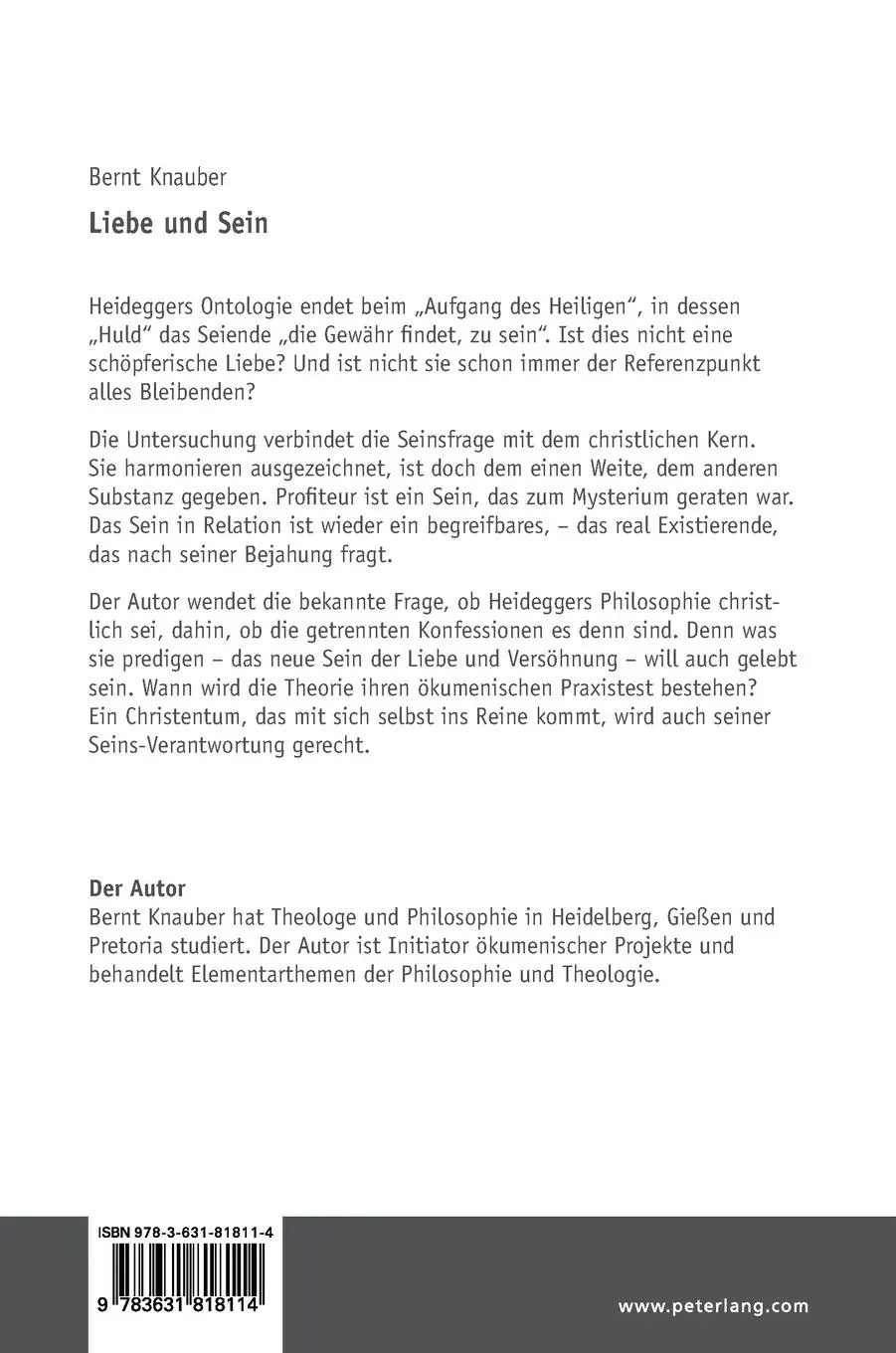 Rückseite: 9783631818114 | Liebe und Sein | Die ontologische Grundrelation | Bernt Knauber | Buch
