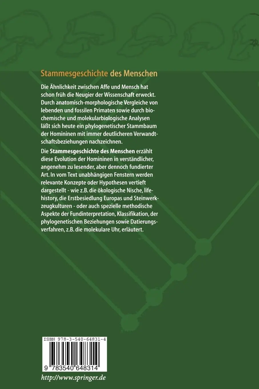 Rückseite: 9783540648314 | Stammesgeschichte des Menschen | Eine Einführung | Rothe (u. a.) | x