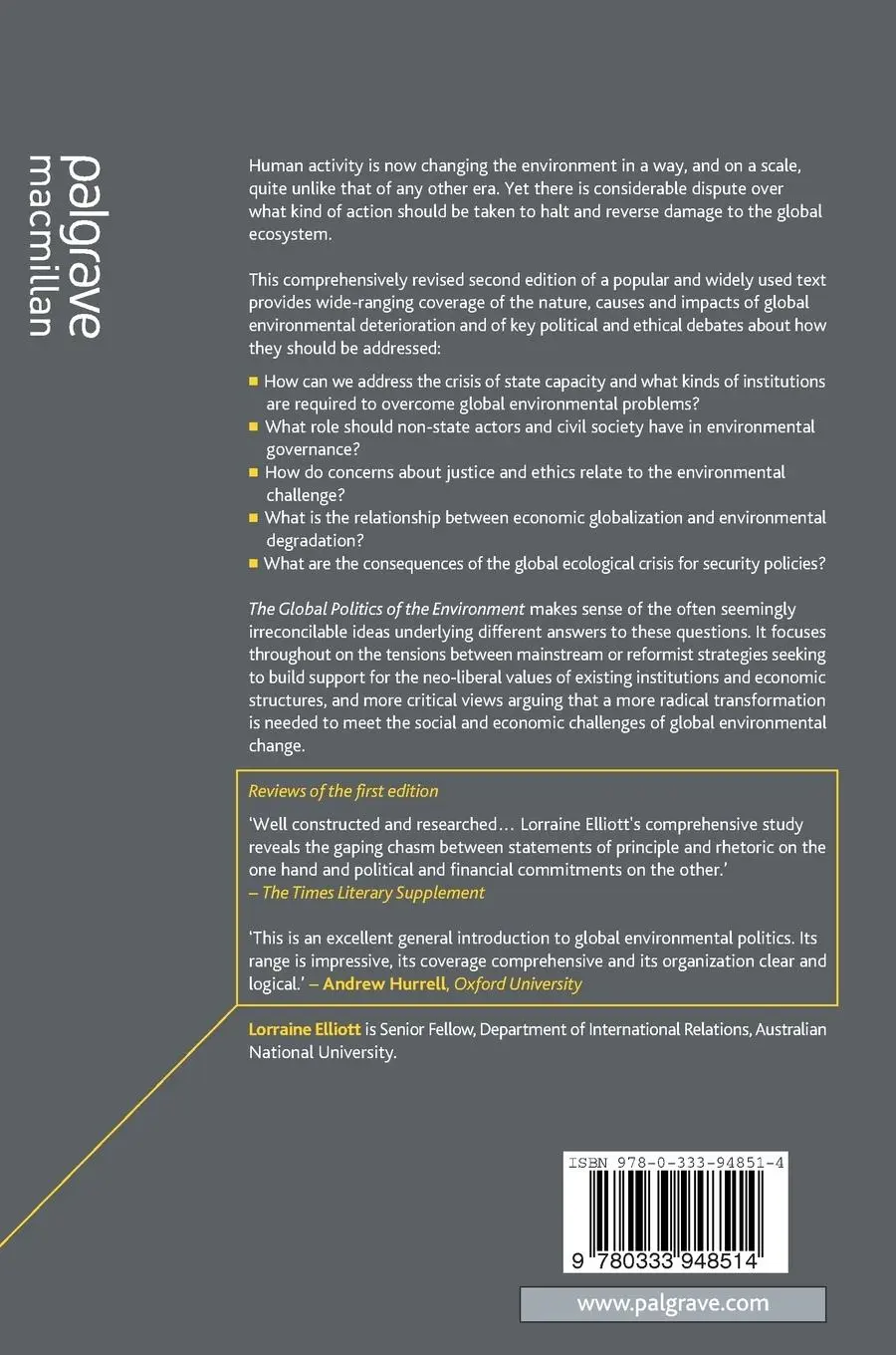Rückseite: 9780333948514 | The Global Politics of the Environment | Lorraine Elliott | Buch