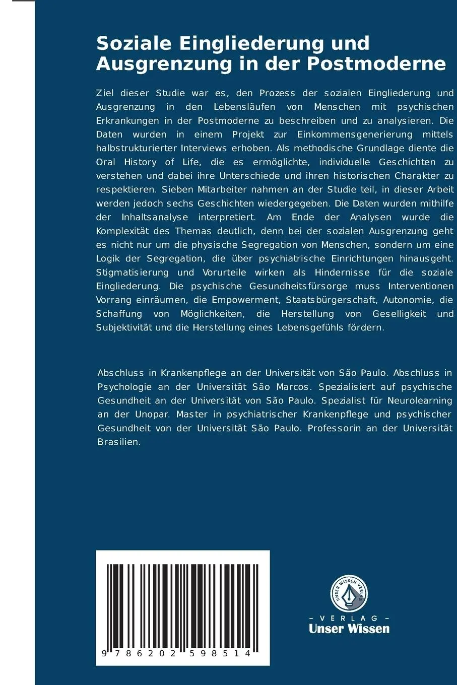 Rückseite: 9786202598514 | Soziale Eingliederung und Ausgrenzung in der Postmoderne | Carvalho