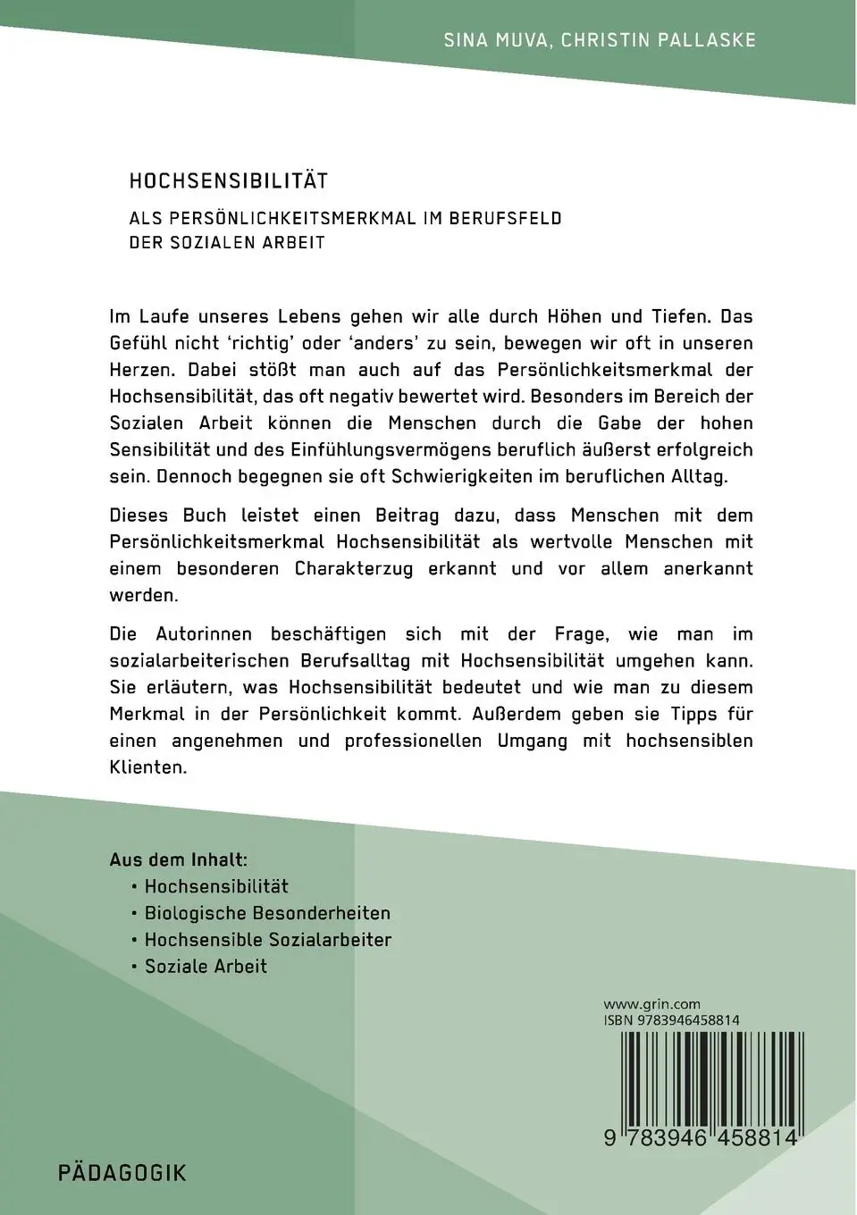 Rückseite: 9783946458814 | Hochsensibilität als Persönlichkeitsmerkmal im Berufsfeld der...