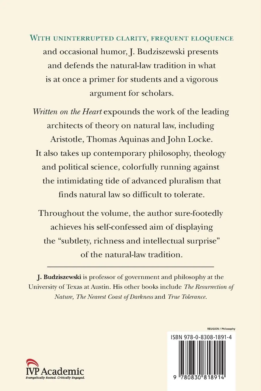 Rückseite: 9780830818914 | Written on the Heart | The Case for Natural Law | J. Budziszewski