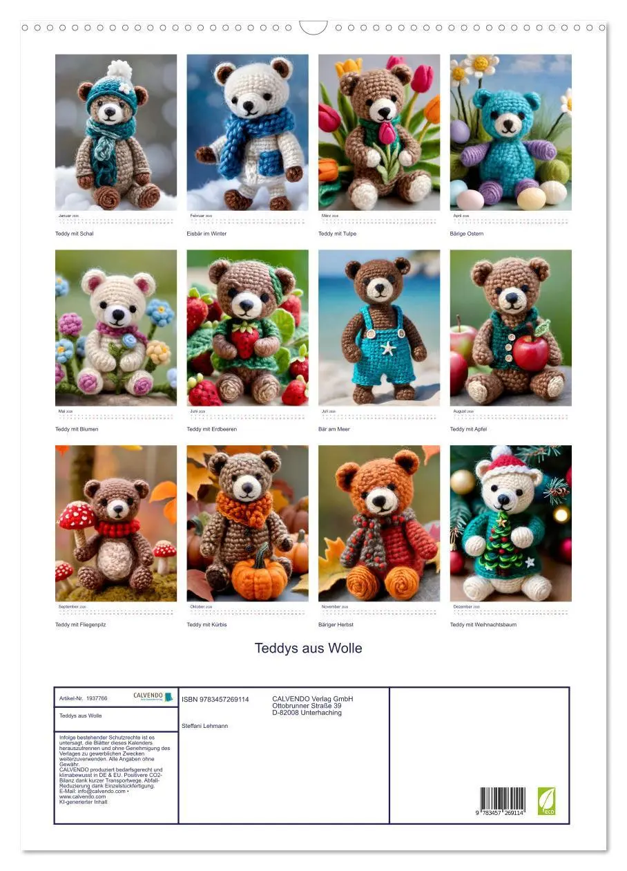 Bild: 9783457269114 | Teddys aus Wolle (Wandkalender 2026 DIN A2 hoch), CALVENDO...