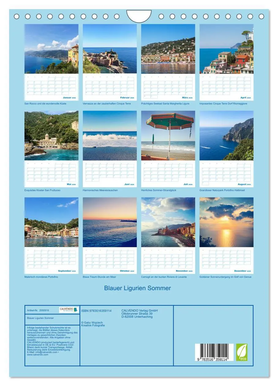 Bild: 9783516359114 | Blauer Ligurien Sommer (Wandkalender 2026 DIN A4 hoch), CALVENDO...