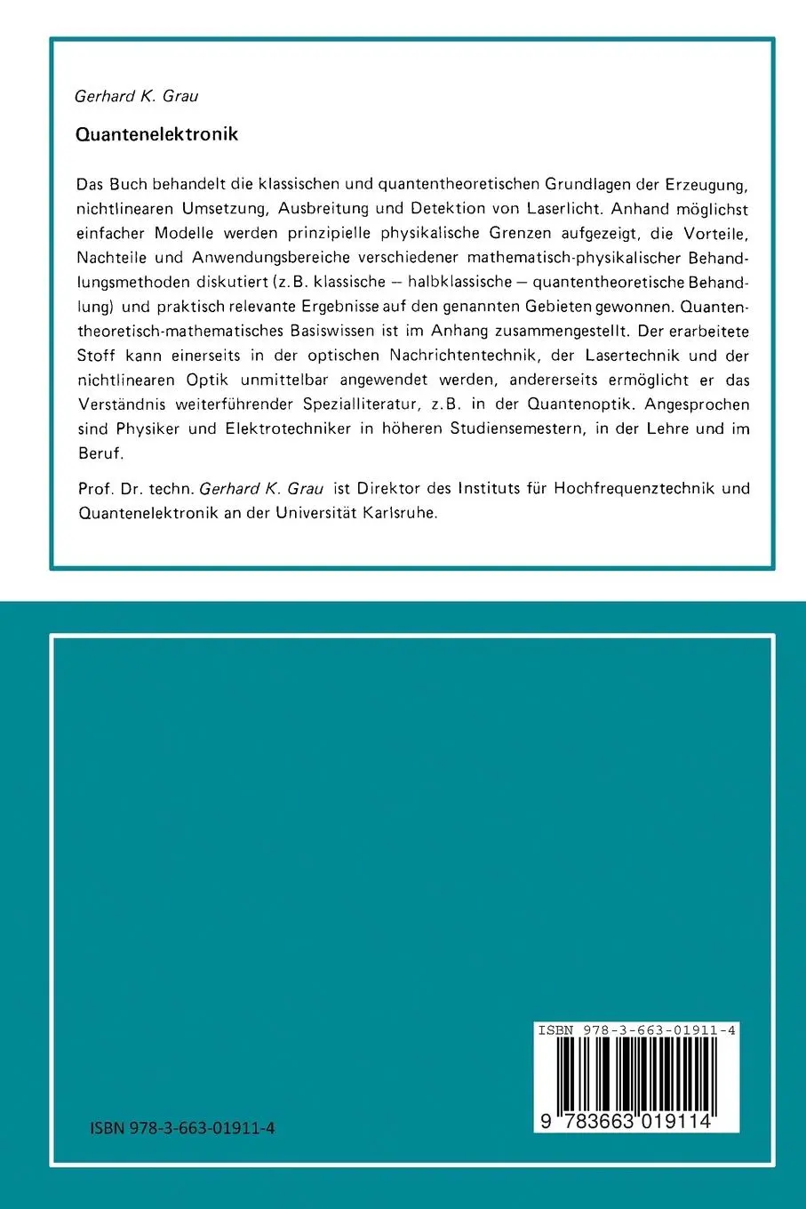 Rückseite: 9783663019114 | Quantenelektronik | Optik und Laser | Gerhard K. Grau | Taschenbuch