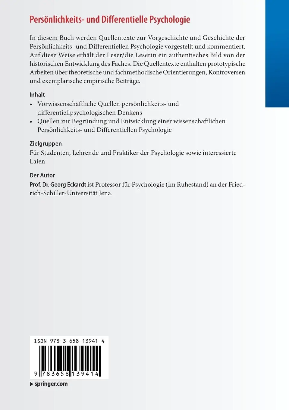Rückseite: 9783658139414 | Persönlichkeits- und Differentielle Psychologie | Georg Eckardt | Buch