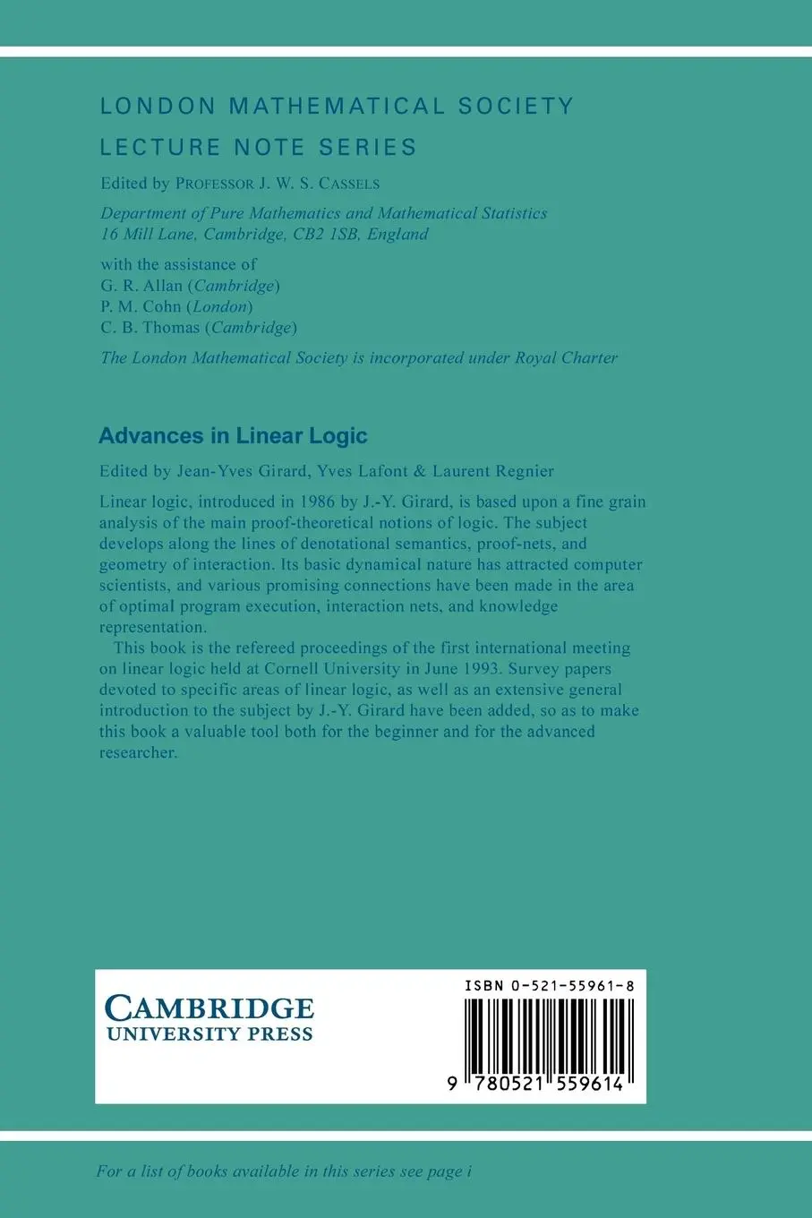 Rückseite: 9780521559614 | Advances in Linear Logic | Jean-Yves Girard | Taschenbuch | Englisch