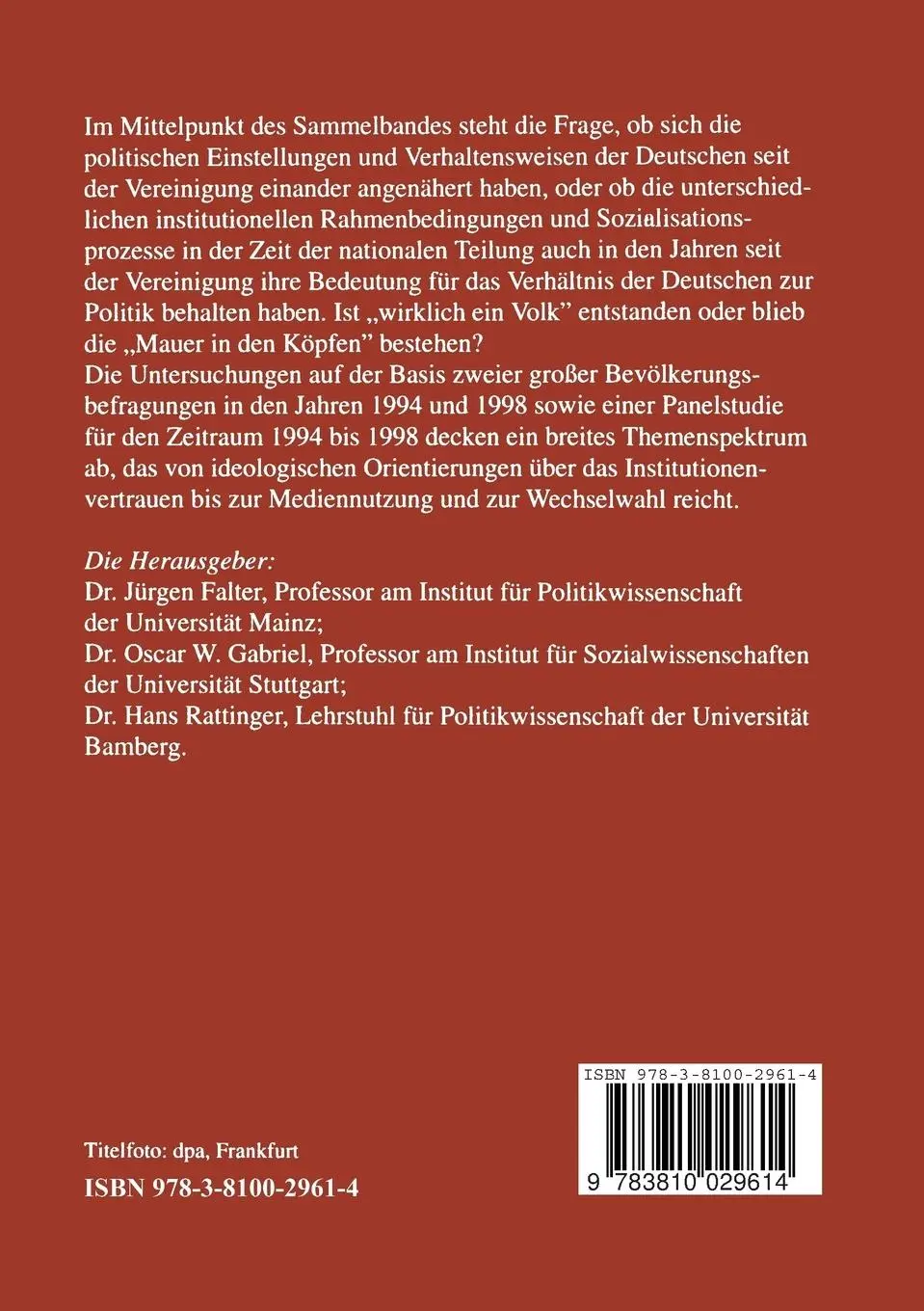 Rückseite: 9783810029614 | Wirklich ein Volk? | Jürgen W. Falter (u. a.) | Taschenbuch | 711 S.