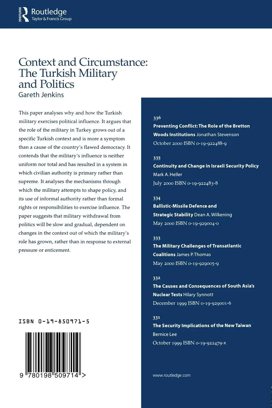 Rückseite: 9780198509714 | Context and Circumstance | The Turkish Military and Politics | Jenkins