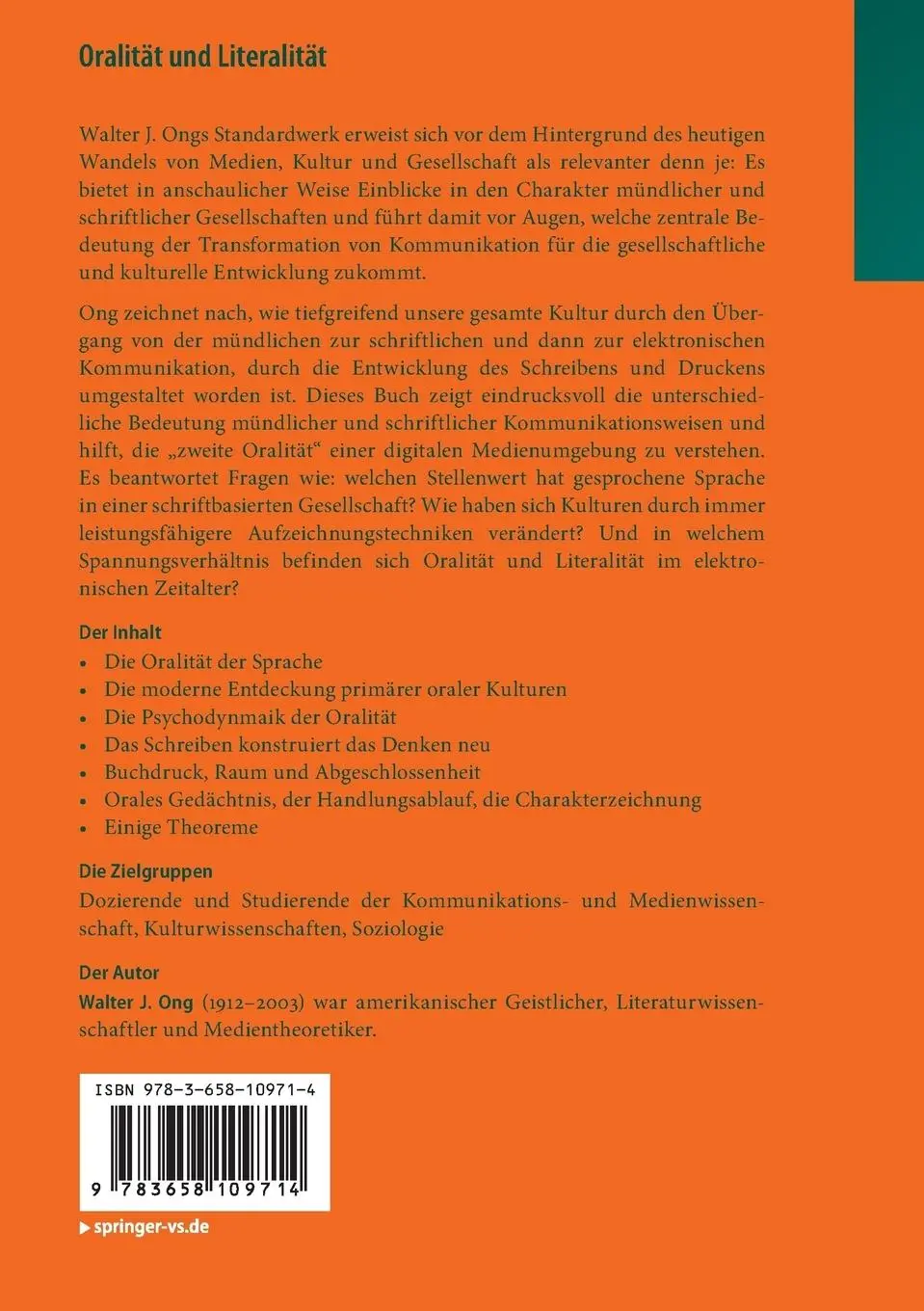 Rückseite: 9783658109714 | Oralität und Literalität | Die Technologisierung des Wortes | Ong