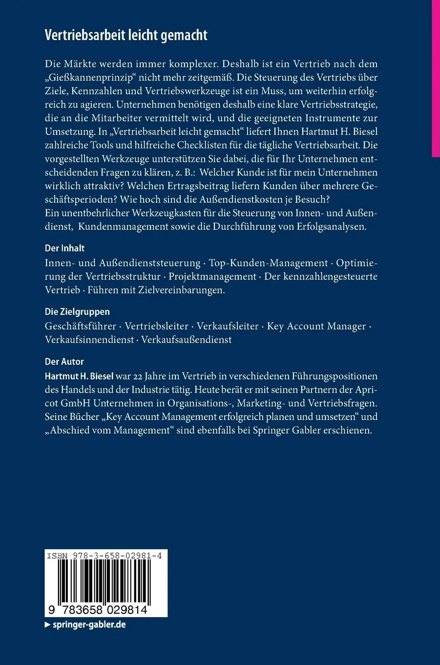 Rückseite: 9783658029814 | Vertriebsarbeit leicht gemacht | Hartmut H. Biesel | Buch | xiii