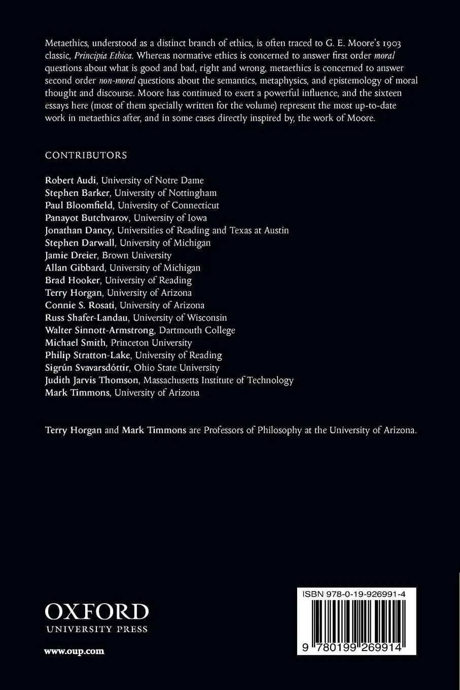 Rückseite: 9780199269914 | Metaethics After Moore | Terry Horgan (u. a.) | Taschenbuch | Englisch