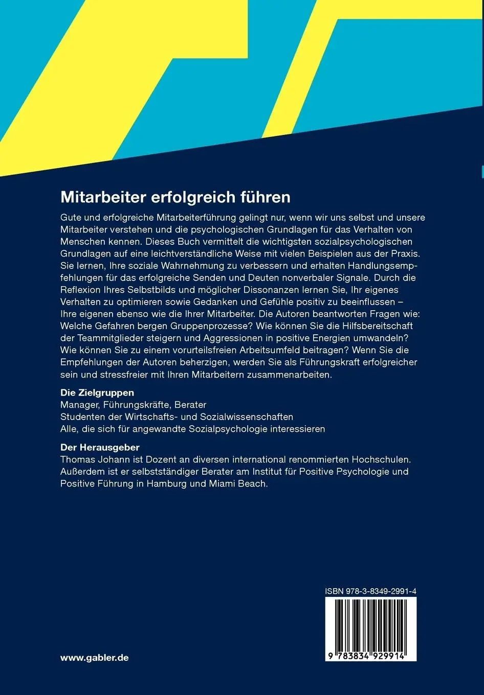 Rückseite: 9783834929914 | Mitarbeiter erfolgreich führen | Thomas Johann | Taschenbuch | 162 S.